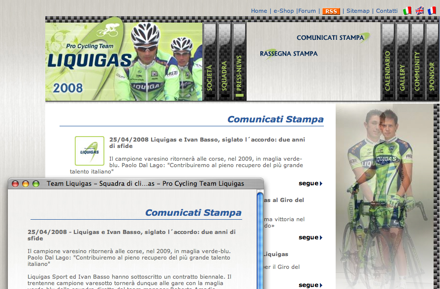 Liquigas, Homepage, screenshot: Adriano Coco
