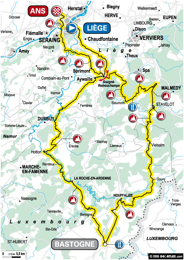 Streckenverlauf Lige - Bastogne - Lige 2009