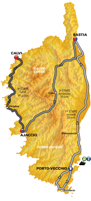 Karte des Grand Dpart der Tour de France 2013 mit den drei Etappen auf Korsika
