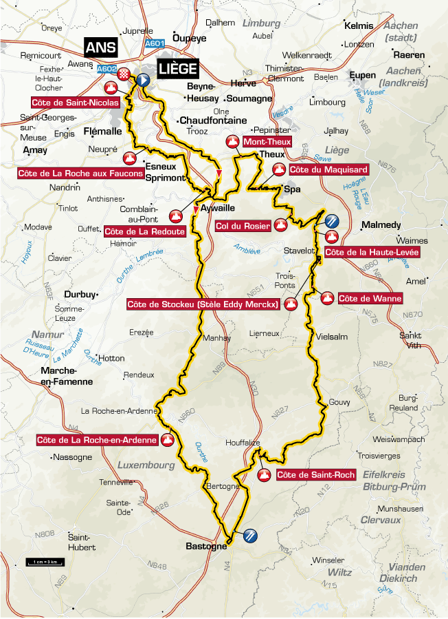 Streckenverlauf Lige - Bastogne - Lige 2012