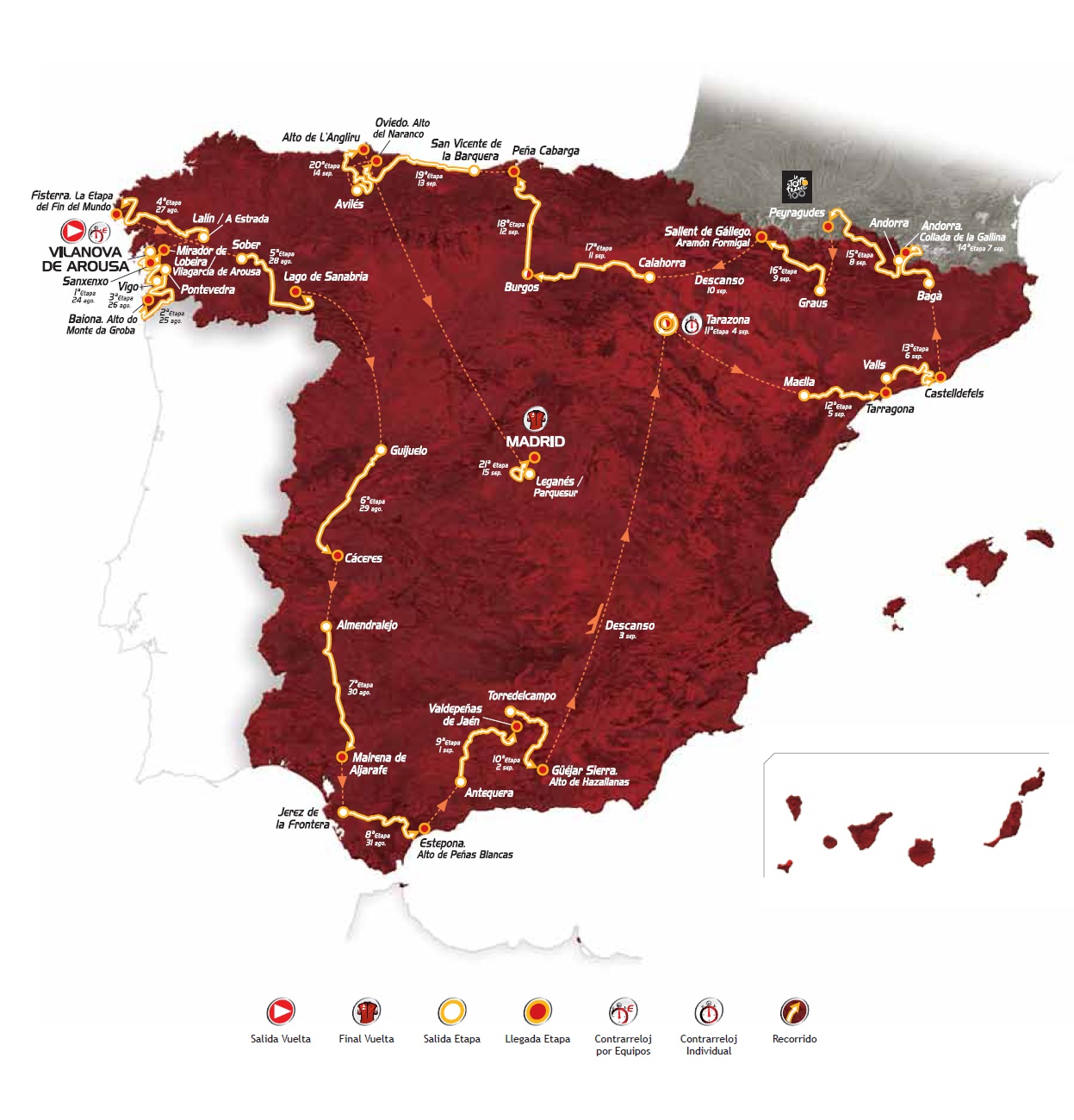 Die Streckenkarte mit allen Etappen der Vuelta a Espaa 2013