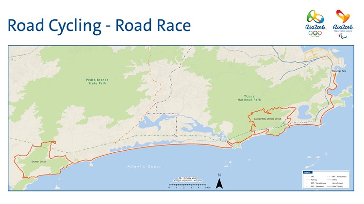 Karte mit Streckenverlauf der Straenrennen bei den Olympischen Spielen 2016 in Rio de Janeiro