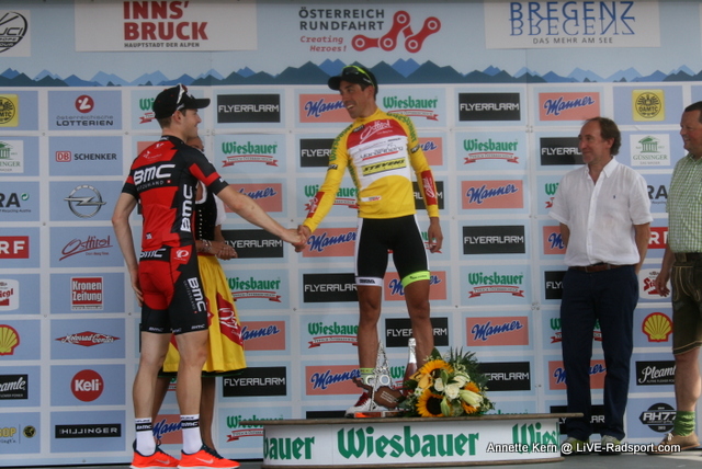 der Zweitplatzierte der Gesamtwertung Ben Hermans gratuliert dem Sieger Vctor De La Parte 