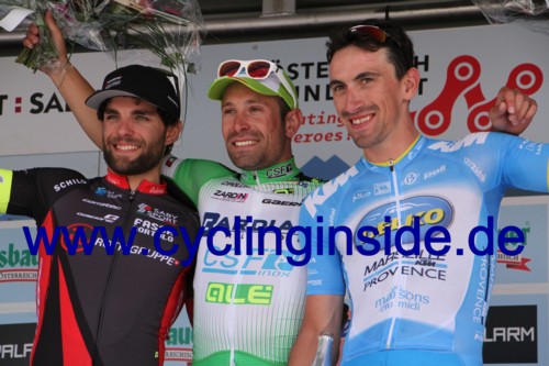 Die Top3 der 1. Etappe (v.l.n.r.): Andrea Pasqualon, Nicola Ruffoni, Yannick Martinez (Foto: cyclinginside)