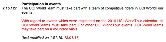Paragraf 2.15.127 der UCI-Regularien (Teilnahme-Bedingungen fr WorldTeams)