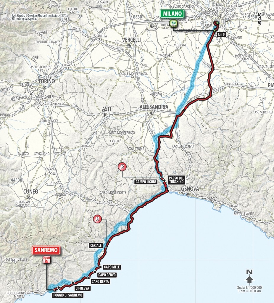 Streckenkarte von Milano - Sanremo 2017