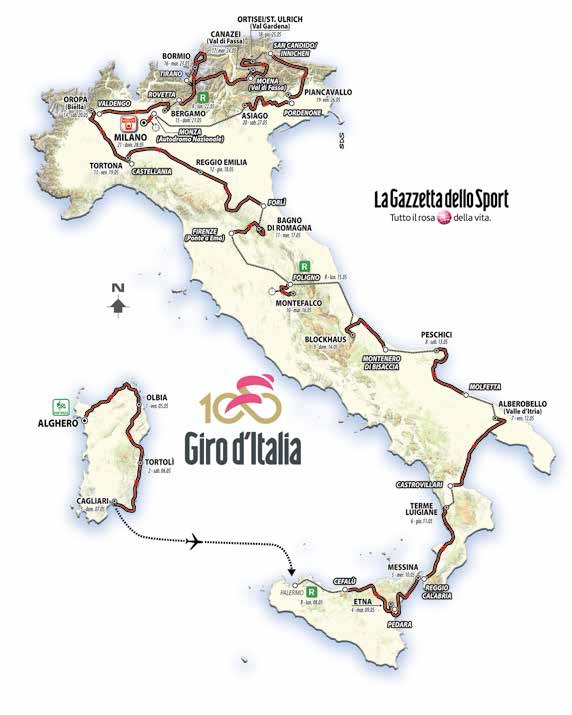 Die Streckenkarte des 100. Giro dItalia
