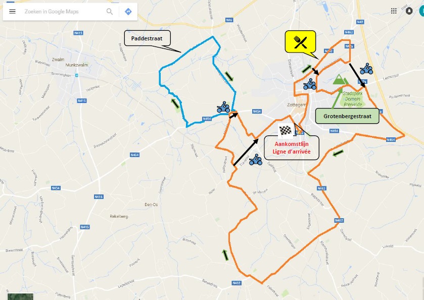 Streckenverlauf GP Stad Zottegem 2017, zweiter Rundkurs (orange / ca. 23 km) und dritter Rundkurs (orange und blau / ca. 29 km)