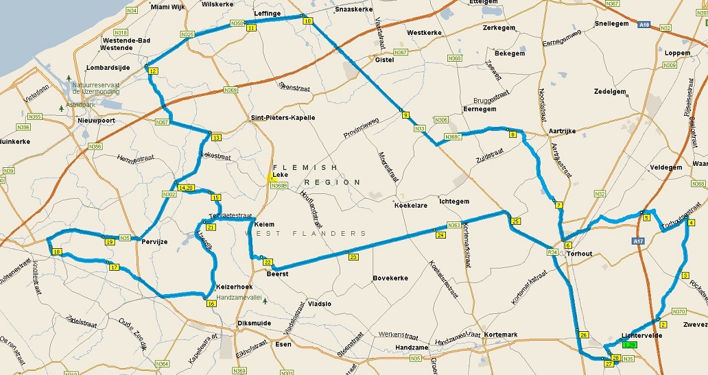 Streckenverlauf Omloop van het Houtland Lichtervelde 2017, erste 113,7 km