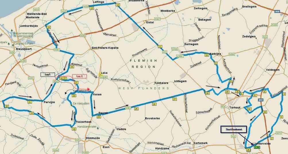 Streckenverlauf Omloop van het Houtland Lichtervelde 2018, erste 120 km