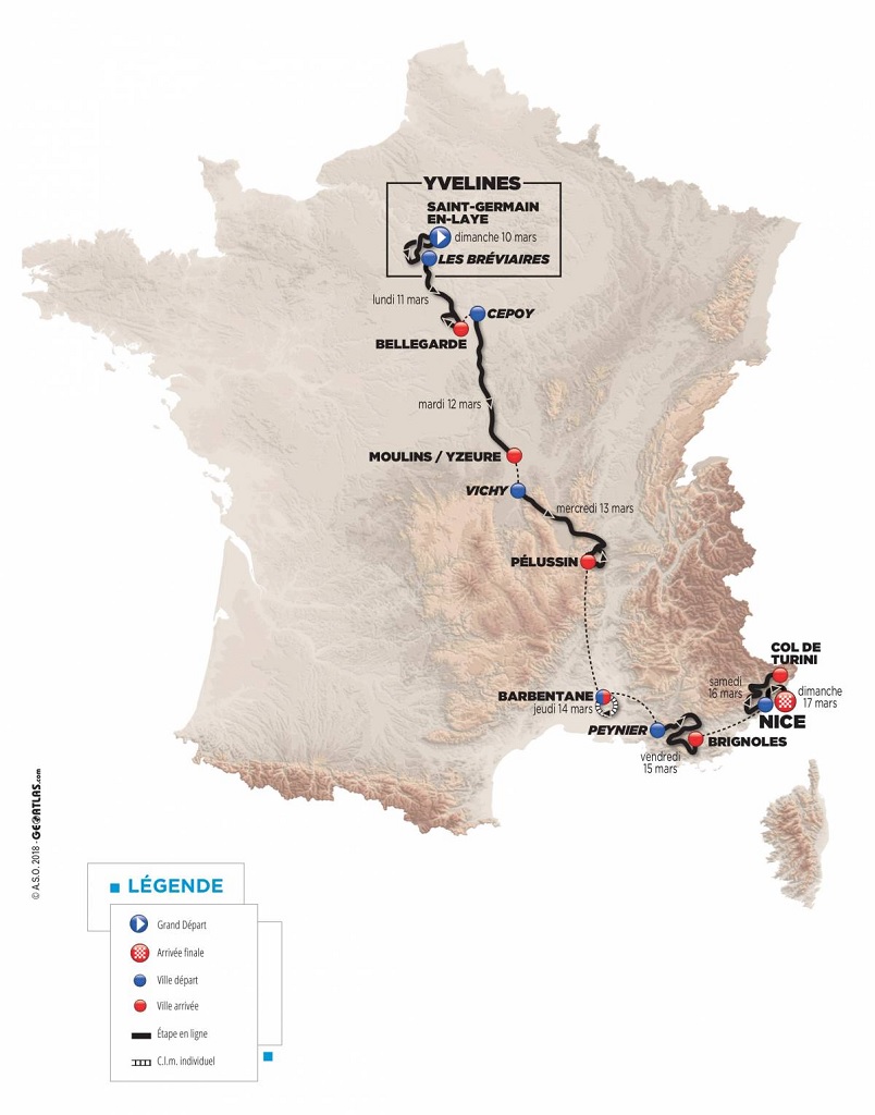 Prsentation Paris-Nizza 2019: Streckenkarte