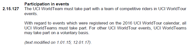Paragraf 2.15.127 der UCI-Regularien (Teilnahme-Bedingungen für WorldTeams)