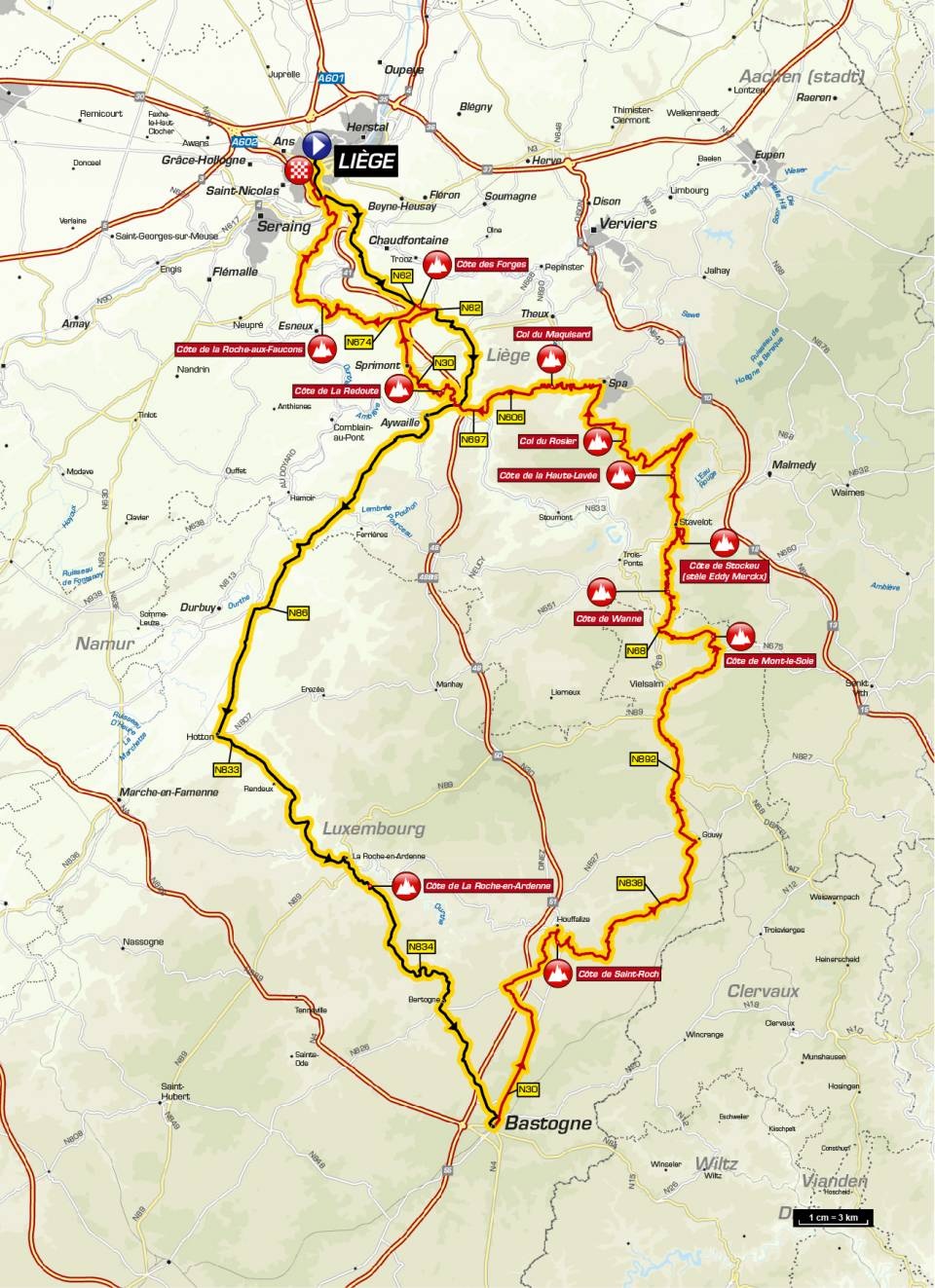 Streckenverlauf Lige - Bastogne - Lige 2019