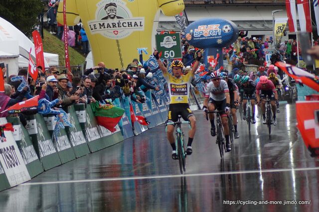 Jubel im Gelben Trikot: Primoz Roglic feiert seinen zweiten Etappensieg bei der Tour de Romandie 2019 (Foto: Christine Kroth/cycling and more)