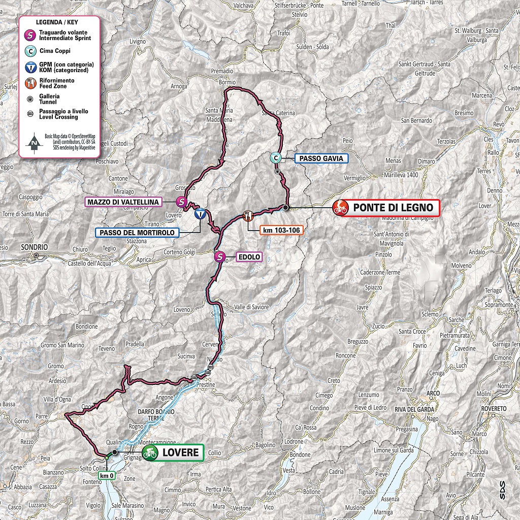Die alte Streckenkarte der 16. Etappe des Giro d’Italia