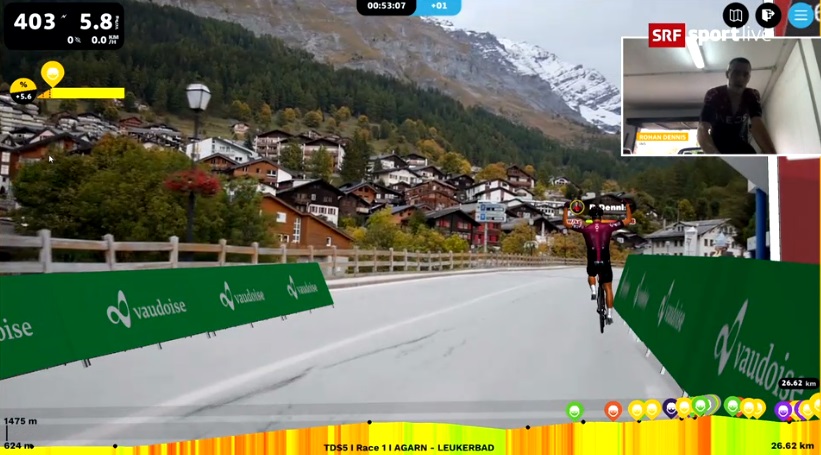 Rohan Dennis gewinnt die virtuelle Fahrt nach Leukerbad am ersten Tag des Digital Swiss 5 (Foto: twitter.com/tds)