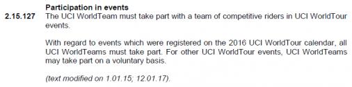 Paragraf 2.15.127 der UCI-Regularien (Teilnahme-Bedingungen fr WorldTeams)