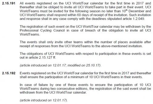 Paragrafen 2.15.191 und 2.15.192 der UCI-Regularien (Einladungs-Bedingungen fr Veranstalter von WorldTour-Rennen)